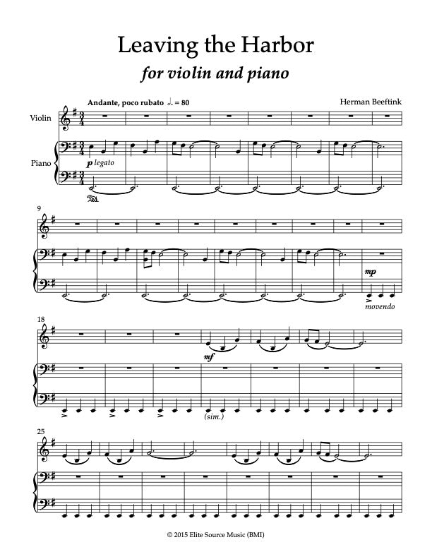 LEAVING THE HARBOR for Violin and Piano by Herman Beeftink Sheet