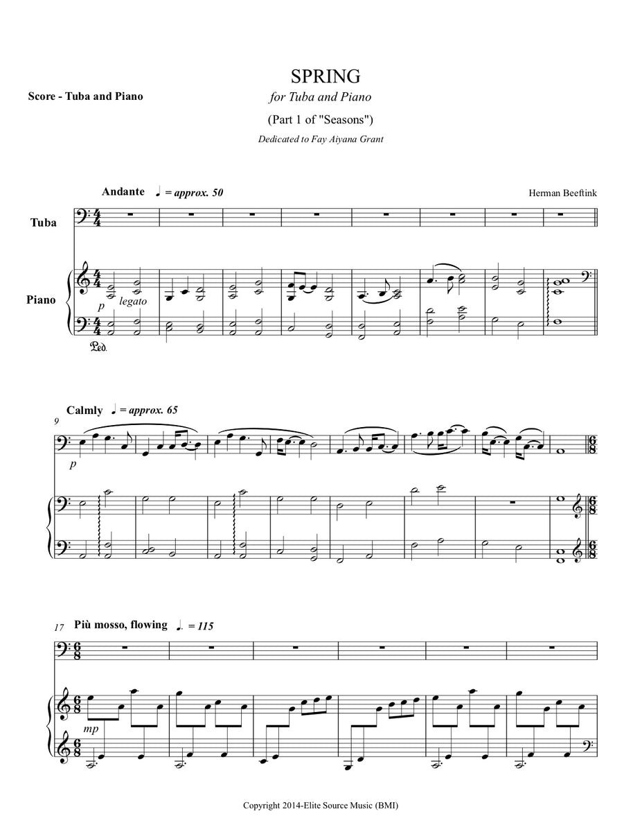 SPRING Tuba and Piano by Herman Beeftink Score and Parts DIGITAL DOWNLOAD